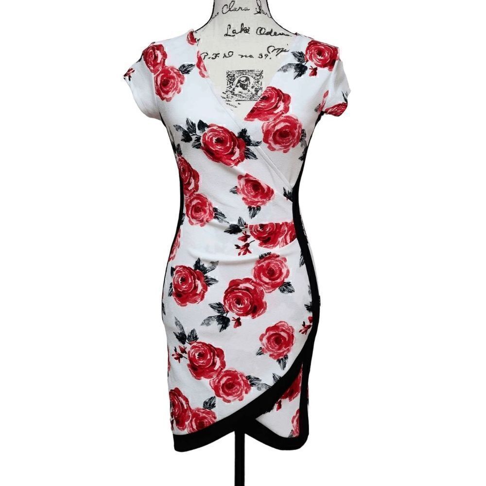 🌹 Almost Famous Framed Wrap Front Colorblock Floral Rose Print Dress SIZE S NWT